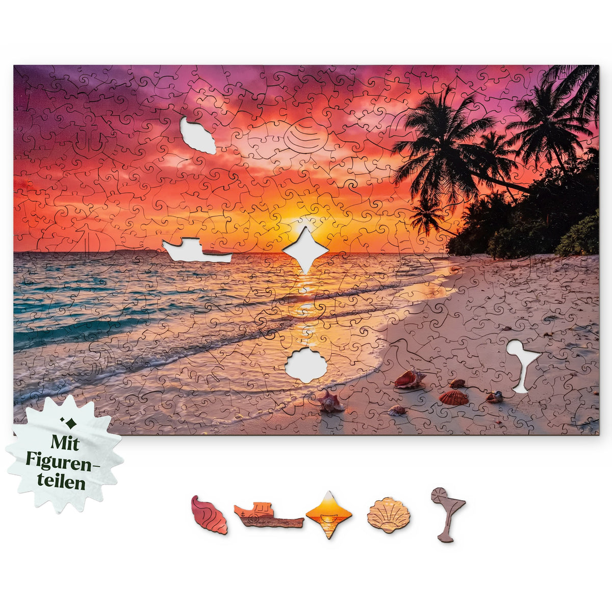 "Sunset by the Sea" Wooden Puzzle, with an overhead view of the scene on a white background, featuring figures such as a sea snail, a fishing boat, and a four-pointed star below