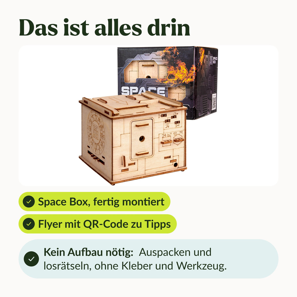 Space Box Riddle Box What's Included: Fully assembled box with original packaging and a flyer featuring a QR code for tips