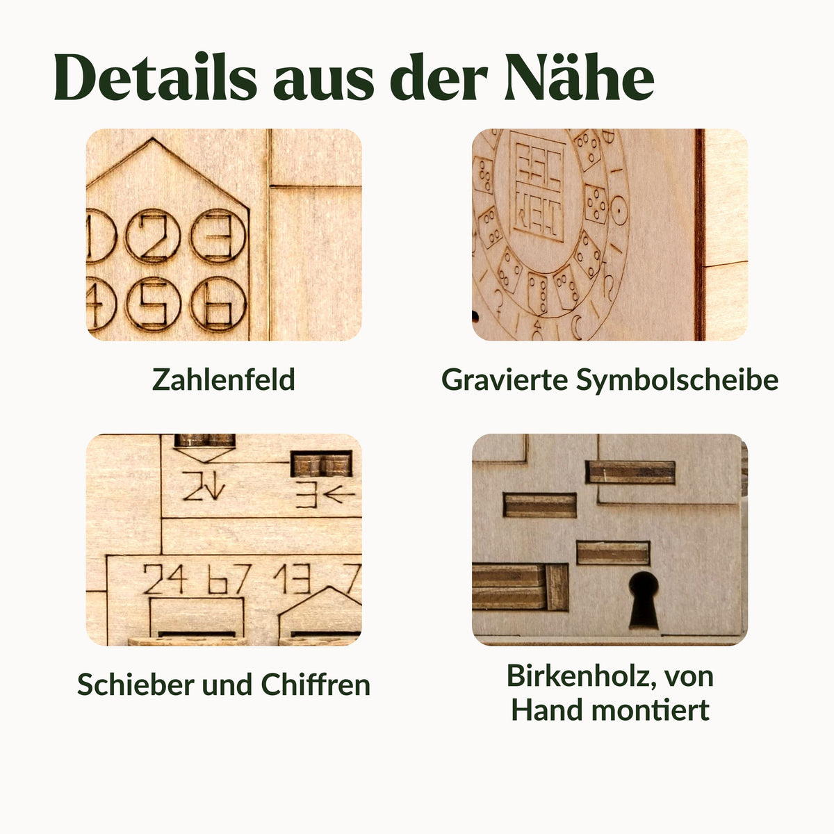 Space Box " Riddle Box " in detail: number pad, engraved symbol disc, sliders with ciphers, birch wood