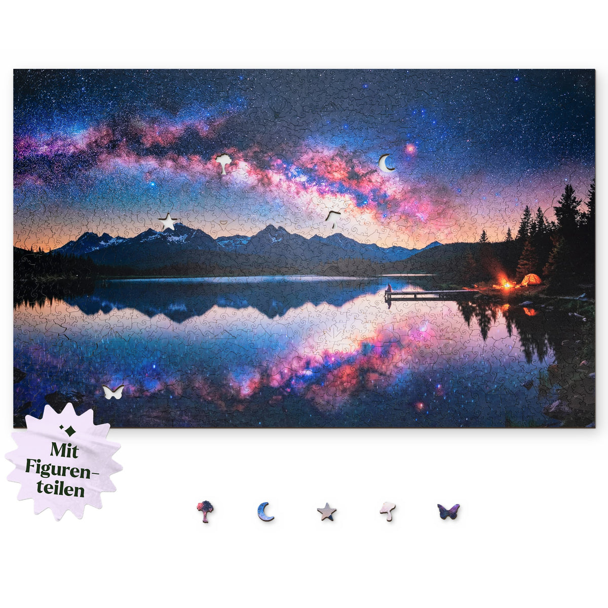 "Starry Sky XL" Wooden Puzzle, with a top view design on a white background, featuring elements such as a tree, a crescent moon, and a star