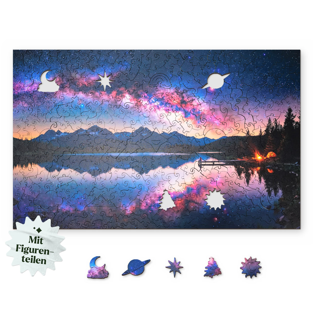"Starry Sky" Wooden Puzzle, with a top view design on a white background, featuring figure pieces such as the moon with a cloud, a planet, and a star