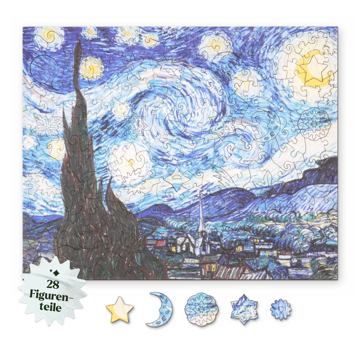 Le puzzle en bois « Nuit étoilée », motif vu d'en haut sur fond blanc, avec en dessous des éléments de personnages comme une étoile, une lune et un mandala