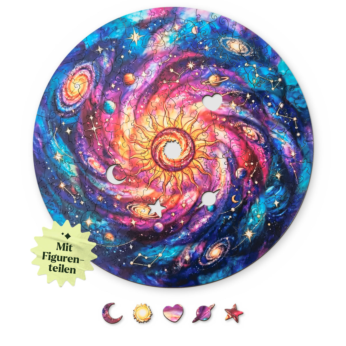 Star Swirl Mandala Wooden Puzzle, with a design viewed from above on a white background, featuring elements such as a crescent moon, sun, and heart below