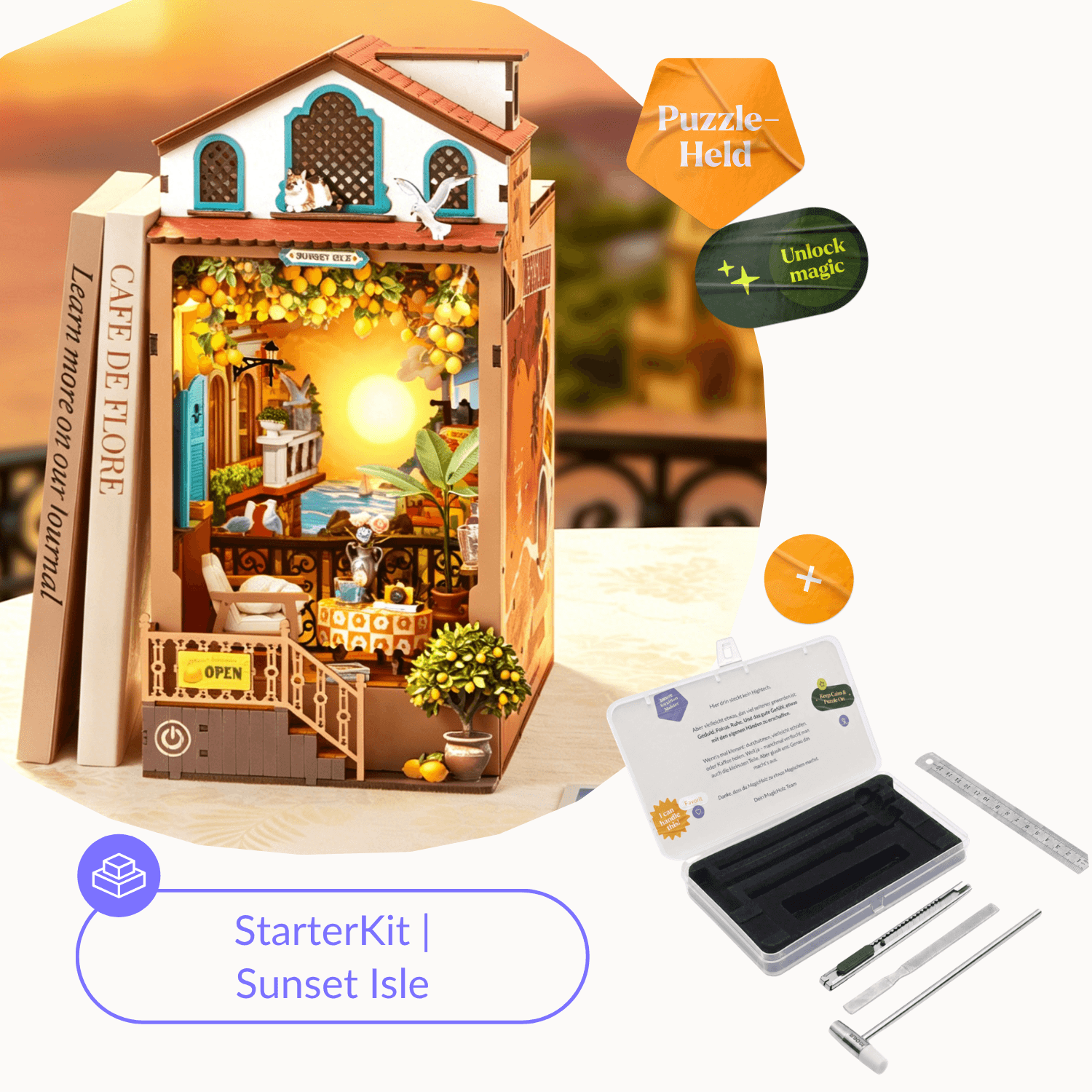 Sunset Isle Book Nook Robotime-startpakket | Book Nook + gereedschap