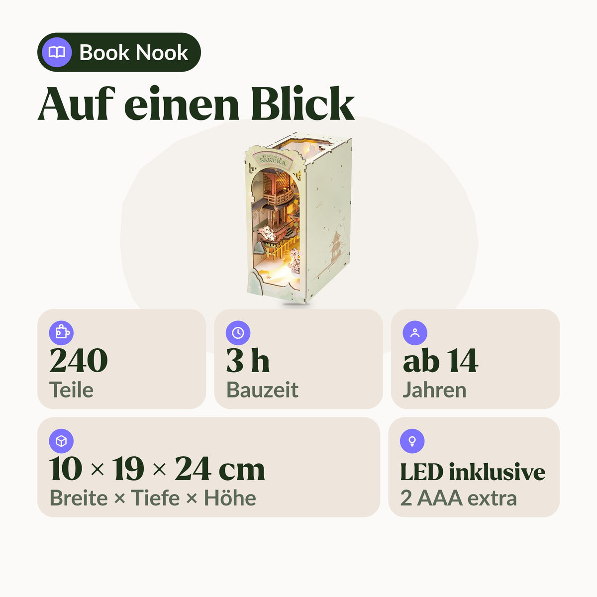 Falling Sakura Book Nook, auf einen Blick: 240 Teile, 3 h Bauzeit, ab 14 Jahren, 10 × 19 × 24 cm, LED inklusive