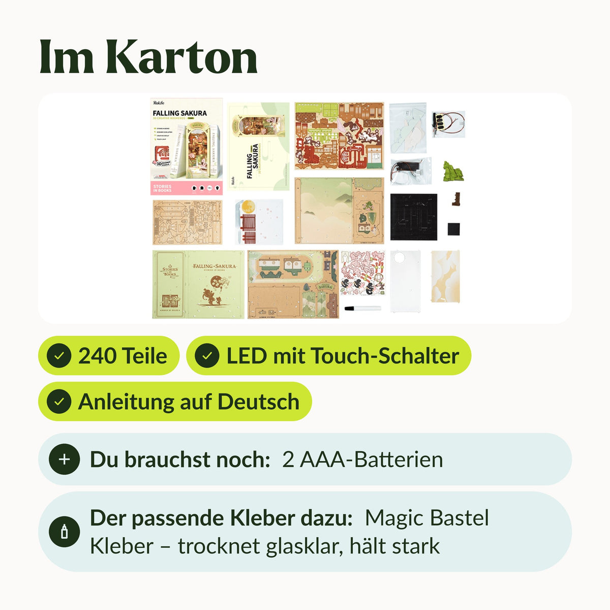 Falling Sakura Book Nook, im Karton: 240 Teile auf Holz- und Papierbogen, LED mit Touch-Schalter, Anleitung