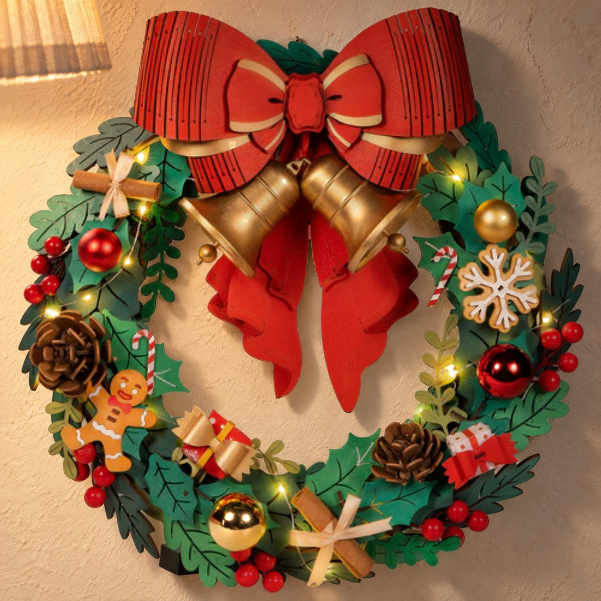 3D-puzzel ‘Kerstkrans’, een kant-en-klare krans met een lichtgevende LED-lichtslinger aan een muur met kalkpleister, ’s avonds in het licht van een lamp