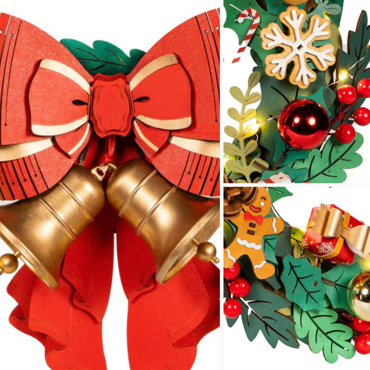 3D-puzzel met kerstkrans, details: rode strik met gouden belletjes, sneeuwvlok, kerstbal en peperkoekmannetje met bessen
