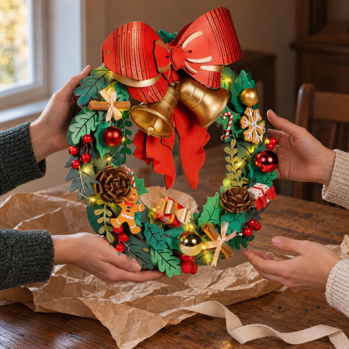 3D-puzzel met kerstkrans; de afgewerkte krans wordt op de eettafel als cadeau overhandigd op een stuk gekreukt inpakpapier