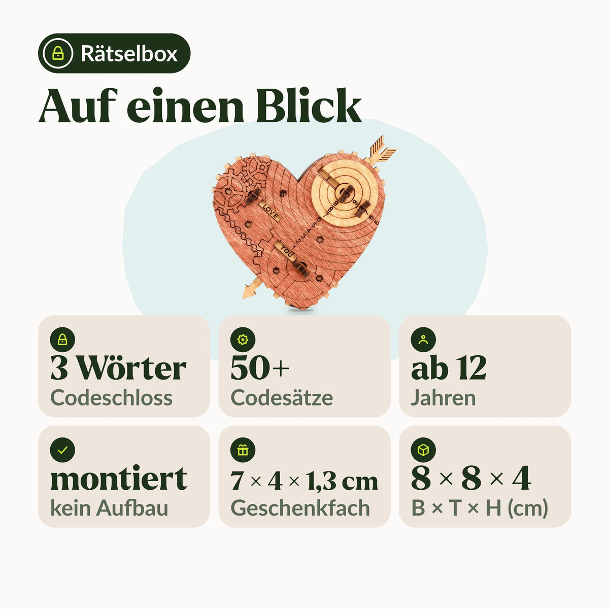 Tin Woodman's Heart auf einen Blick: Codeschloss aus 3 Wörtern, über 50 Codesätze, ab 12, fertig montiert, 8 x 8 x 4 cm