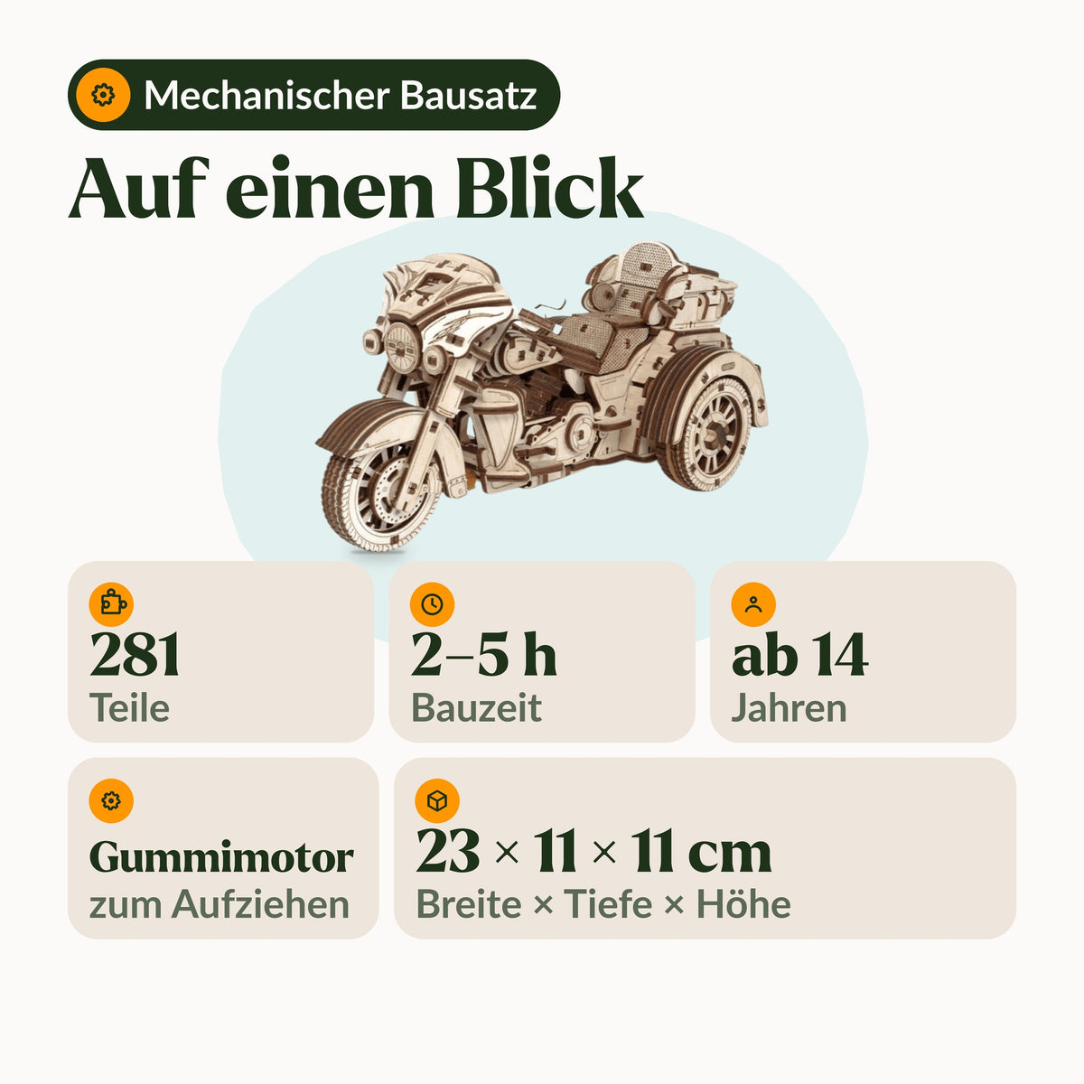 Infografik Trike: 281 Teile, 2 bis 5 Stunden Bauzeit, ab 14 Jahren, Gummimotor zum Aufziehen