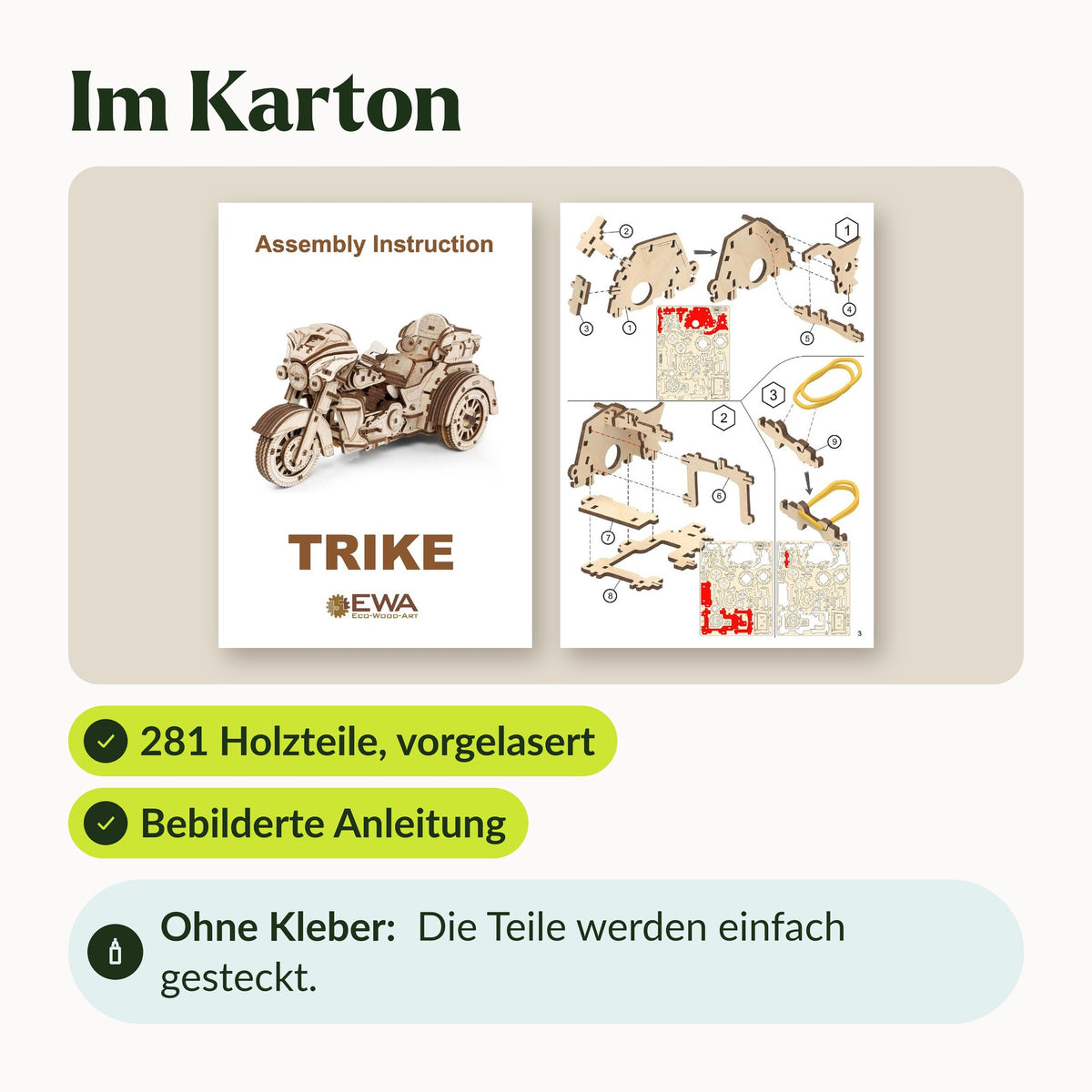 Lieferumfang Trike: 281 vorgelaserte Holzteile und bebilderte Anleitung, ohne Kleber gesteckt