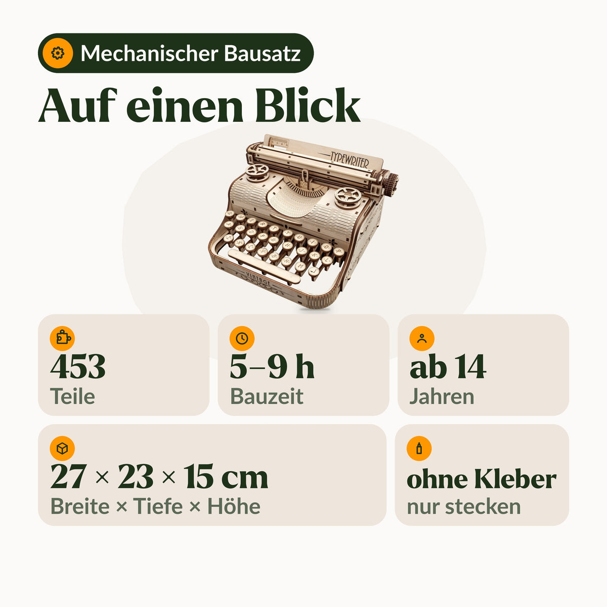 Schreibmaschine – Vintage Typewriter, Übersicht mit 453 Teilen, 5 bis 9 Stunden Bauzeit, ab 14 Jahren und 27 × 23 × 15 cm