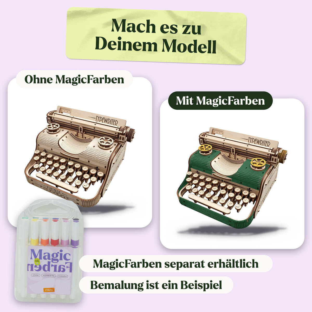 Schreibmaschine – Vintage Typewriter, Holzmodell naturbelassen und als Beispiel mit MagicFarben bemalt, separat erhältlich