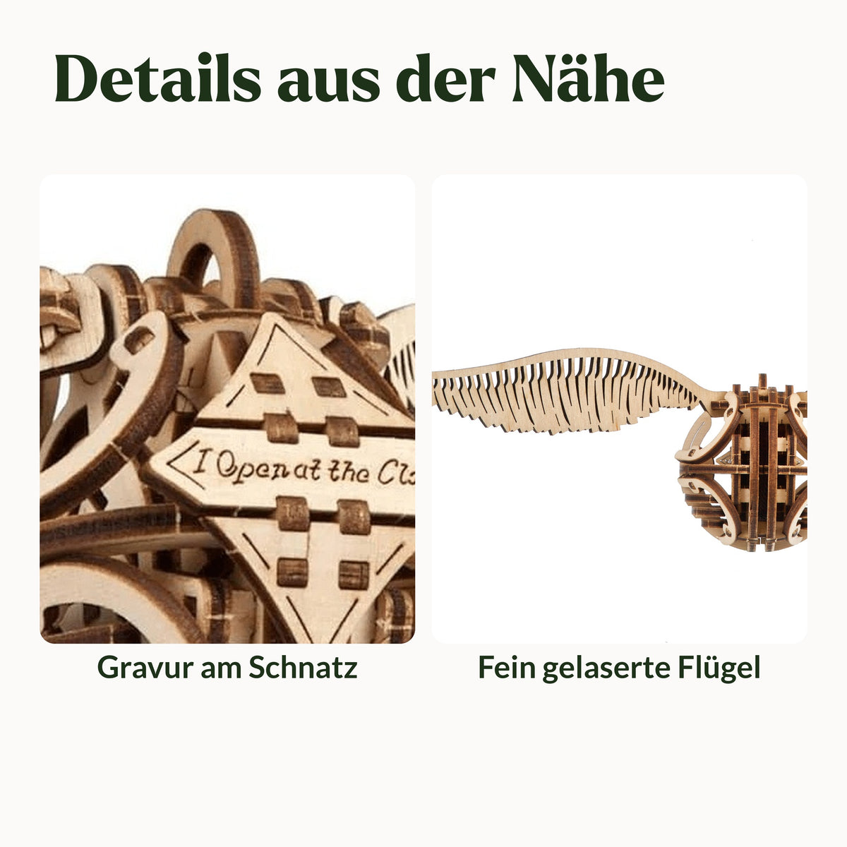 Golden Snitch – Harry Potter, Details: Engraving on the Snitch and finely laser-cut wings, close-up