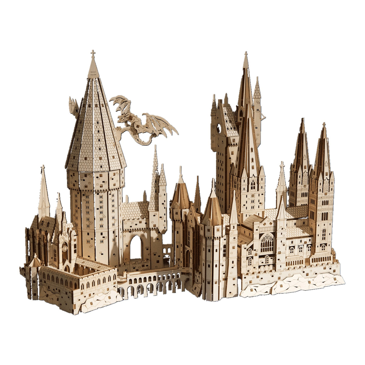 Le château de Poudlard – Harry Potter, maquette en bois assemblée par Ugears avec un dragon, sur fond blanc