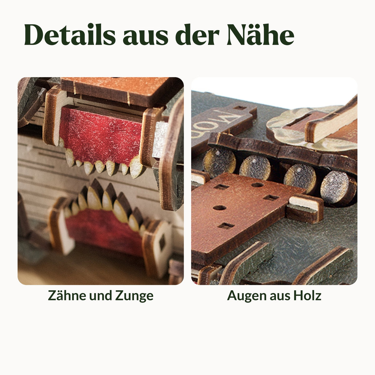 The Monster Book of Monsters – Harry Potter, details van dichtbij: tanden met een rode tong en ogen van hout