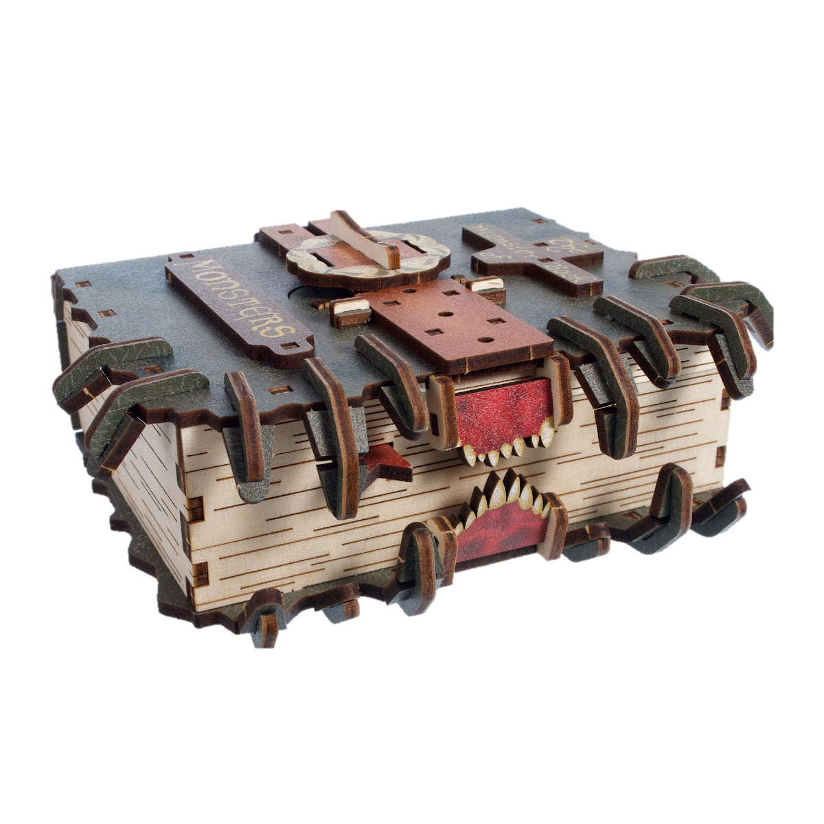 The Monster Book of Monsters – Harry Potter, uitsnede van het afgewerkte houten model met tanden op een witte achtergrond
