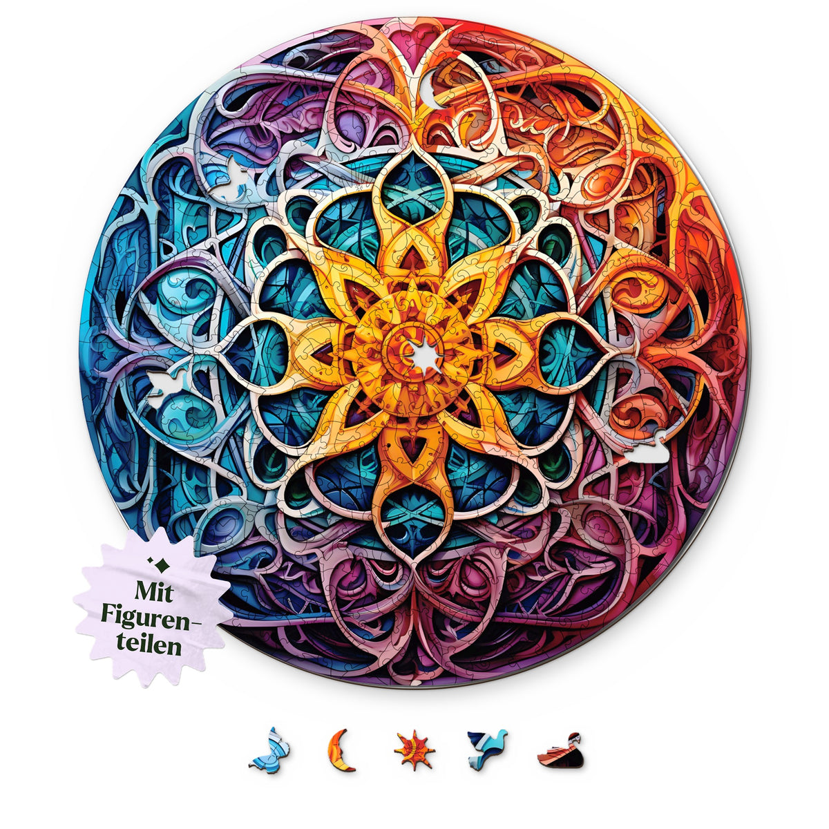 Puzzle en bois « Mandala de la richesse infinie », motif rond vu d'en haut sur fond blanc, avec en dessous des éléments comme un papillon, un croissant de lune et une colombe