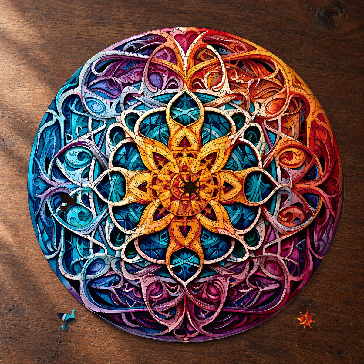 Houten puzzel ‘Oneindige rijkdom’-mandala, rond en bijna af op notenhout; het zonnetje in het midden ontbreekt nog