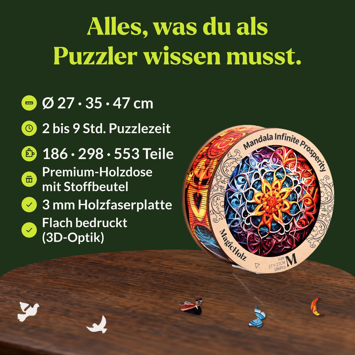 Unendlicher Reichtum Mandala Holzpuzzle, Ø 27, 35 oder 47 cm, 186 bis 553 Teile, 3 mm MDF, runde Premium-Holzdose mit Stoffbeutel