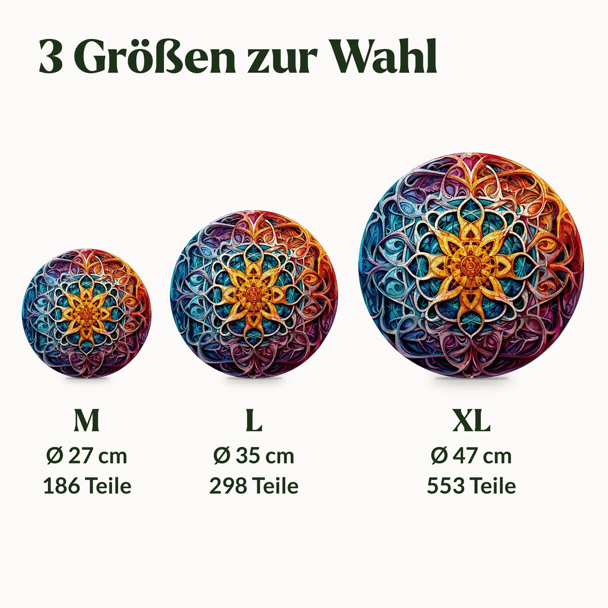 Unendlicher Reichtum Mandala Holzpuzzle, drei Größen maßstäblich: M Ø 27 cm, L Ø 35 cm und XL Ø 47 cm mit Teilezahl