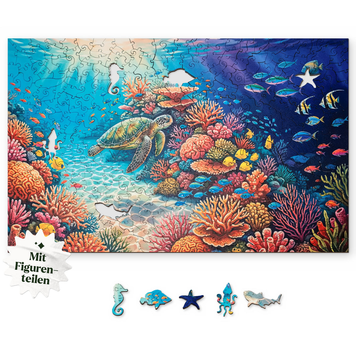 Underwater World Wooden Puzzle, with an overhead view on a white background, featuring figure pieces such as seahorses, fish, and starfish