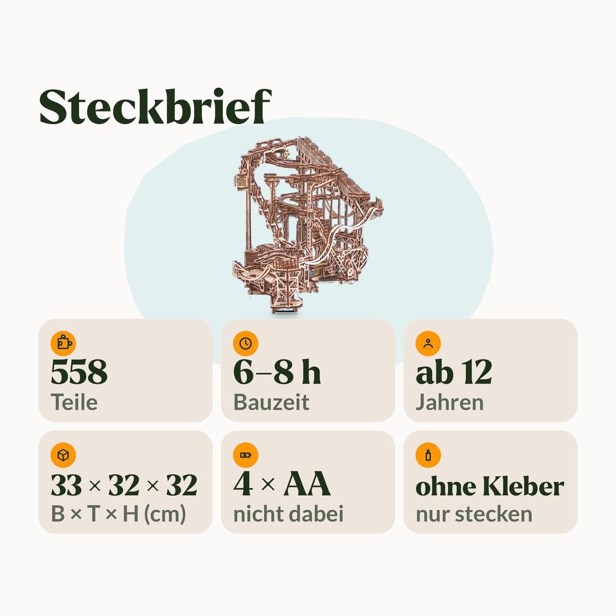 Spiral Murmelbahn Elektrisch aus Holz, Steckbrief: 558 Teile, 6 bis 8 h, ab 12 Jahren, ohne Kleber, 4 AA extra