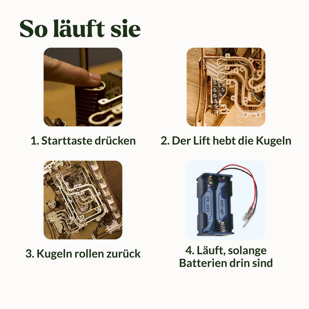 Spiral Murmelbahn Elektrisch aus Holz, so läuft sie: Starttaste, Lift hebt die Kugeln, Kugeln rollen zurück