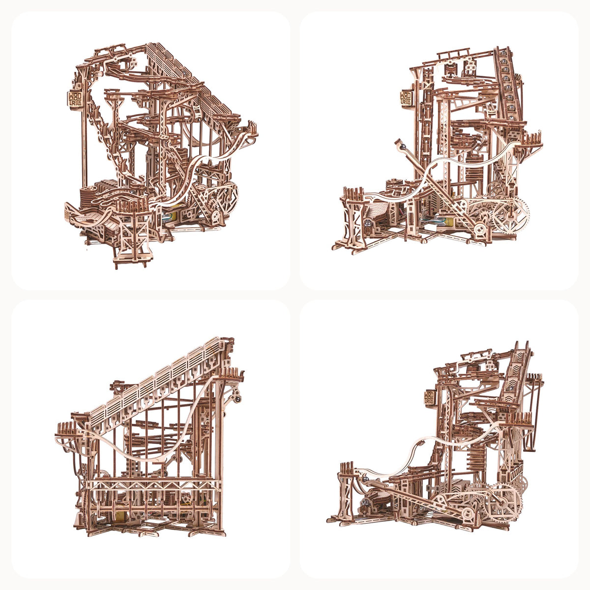 Spiral Murmelbahn Elektrisch aus Holz, vier Ansichten: vorne, hinten mit Spirallift und beide Seiten