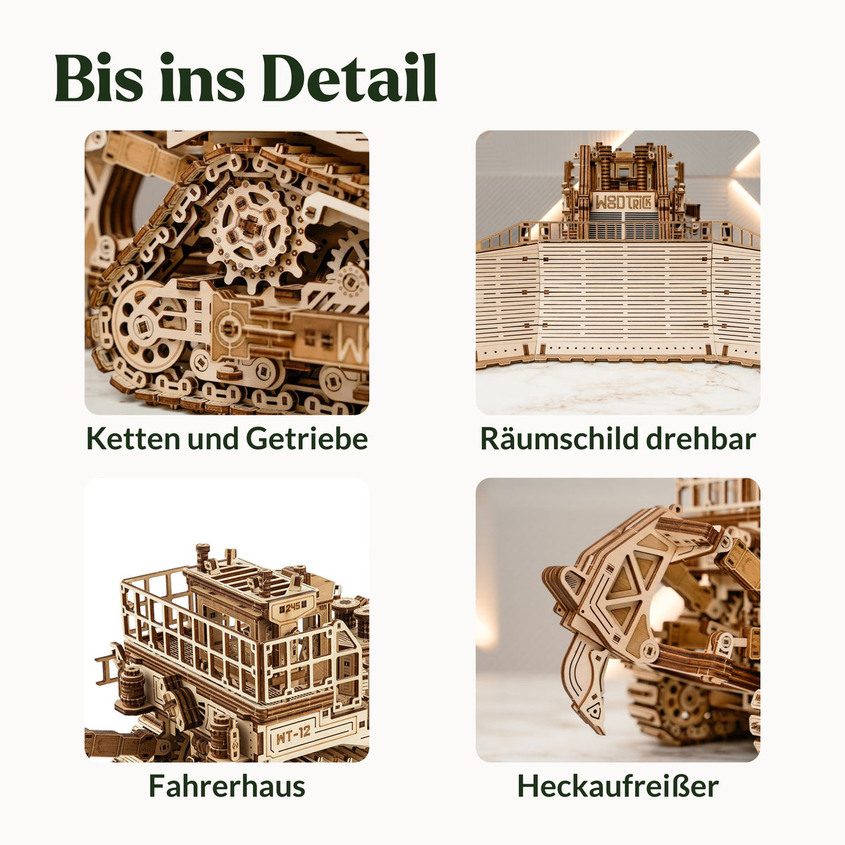 Bulldozer Terrain Titan Maquette en bois, jusque dans les moindres détails : chenilles et transmission, lame pivotante, cabine, défonceuse arrière