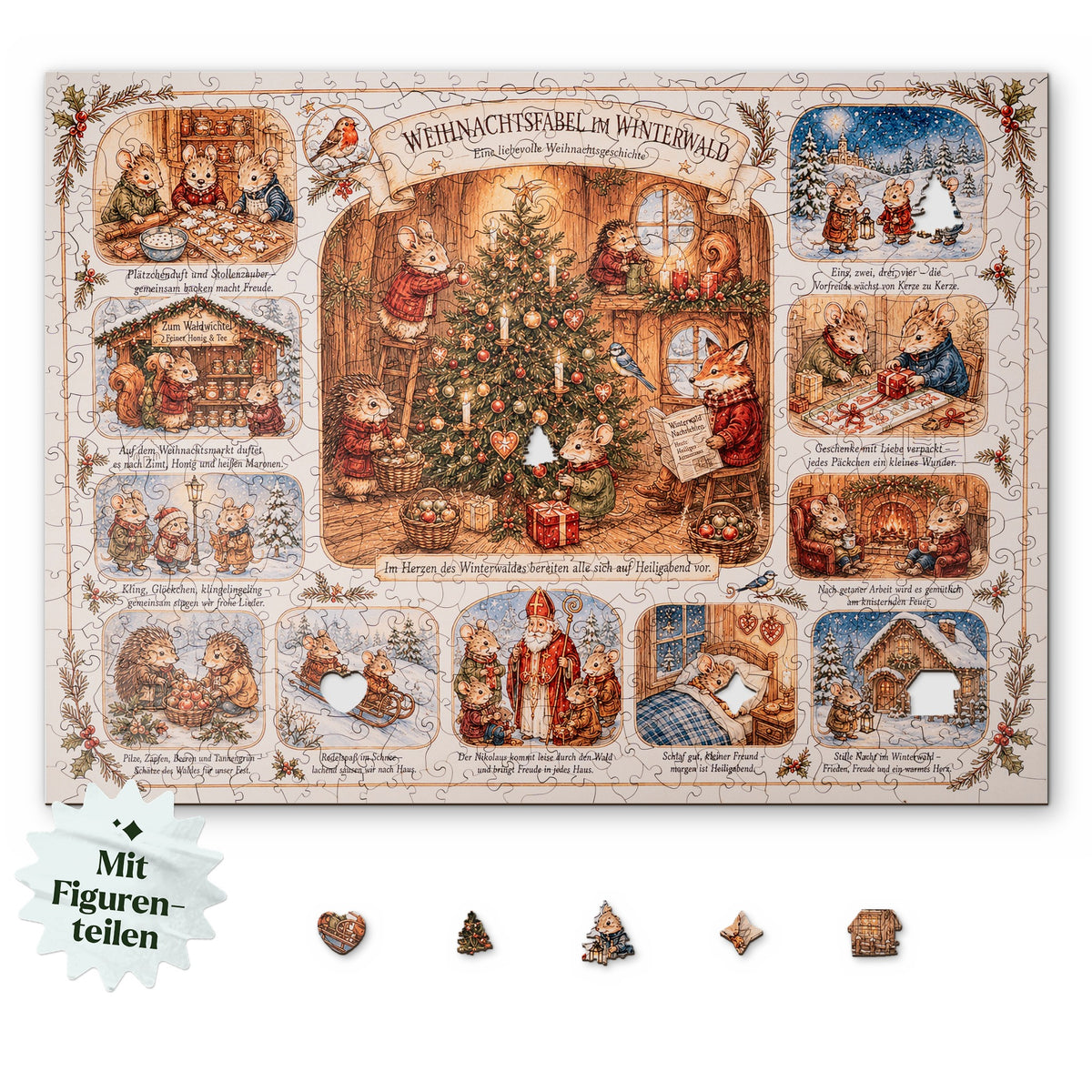 "Christmas Fable in the Winter Forest" Wooden Puzzle, with an overhead view of the scene on a white background, and below it, character pieces such as a mouse with a lantern, a heart, and a star
