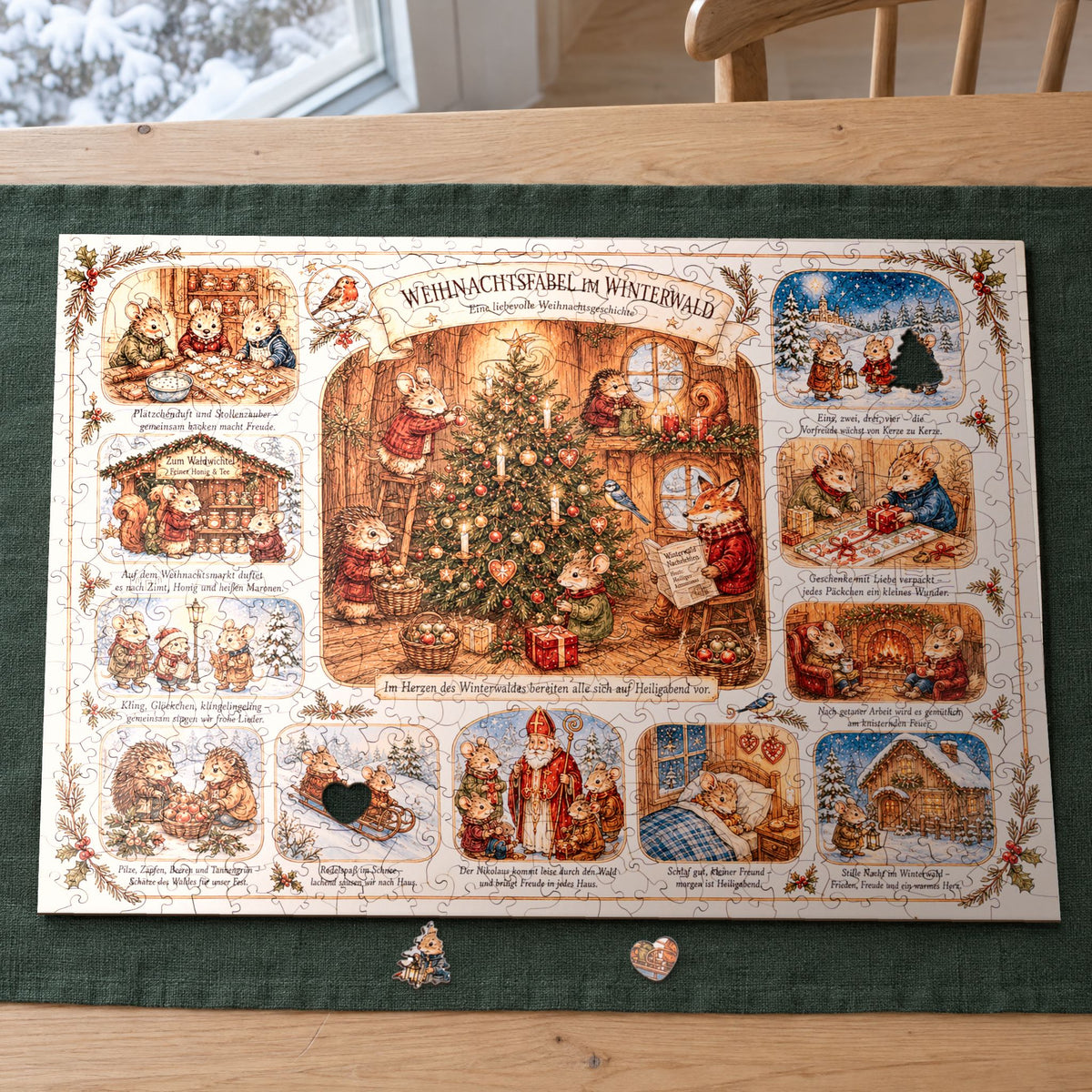 Weihnachtsfabel im Winterwald Holzpuzzle, fast fertig auf grünem Leinenläufer am Winterfenster, davor Maus und Herz