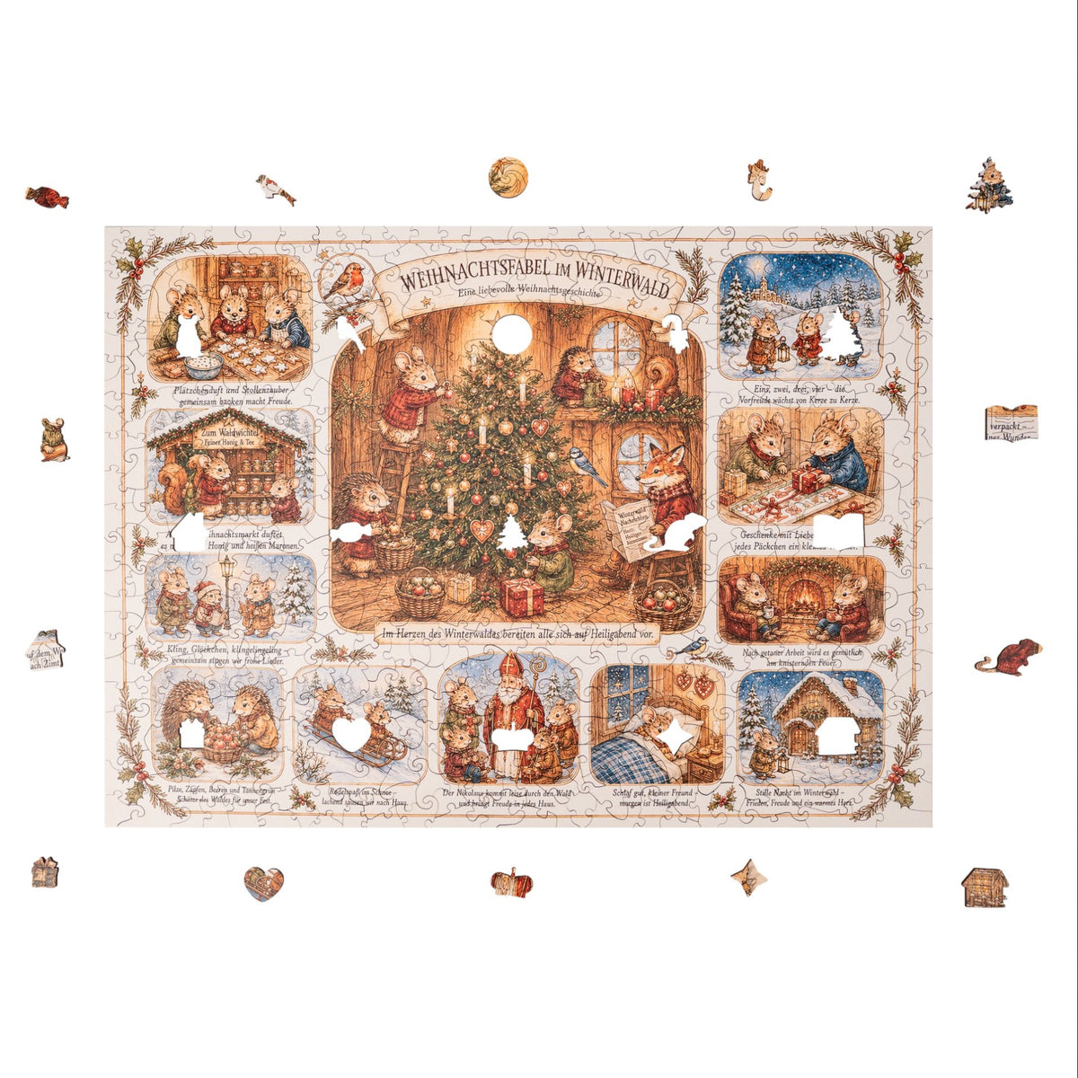 "Christmas Fable in the Winter Forest" Wooden Puzzle, pre-assembled design featuring Christmas scenes with forest animals, framed by puzzle pieces