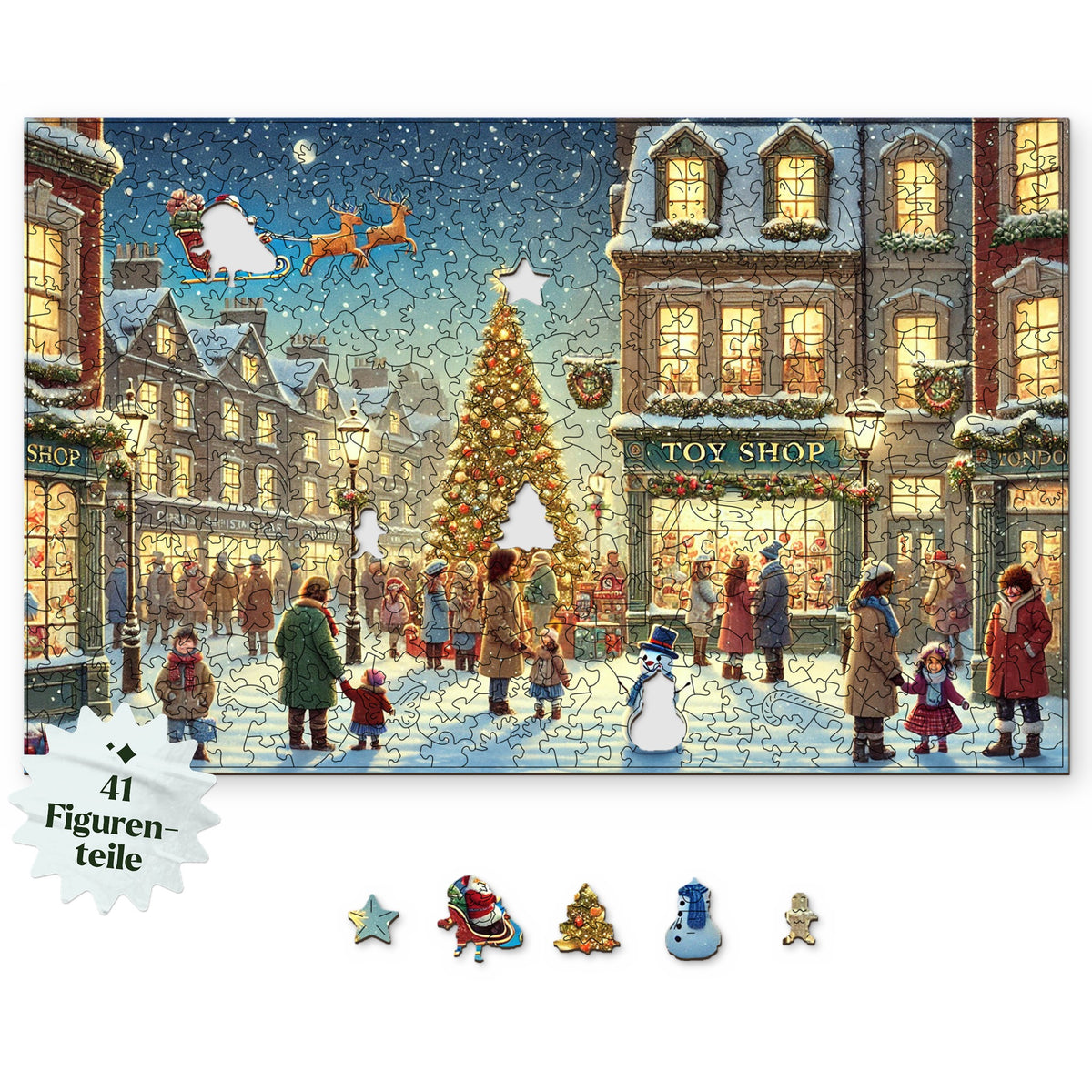 Enchanting Christmas Shops Wooden Puzzle, top view on a white background, with figure pieces below such as a star, Santa Claus in a sleigh, and a Christmas tree