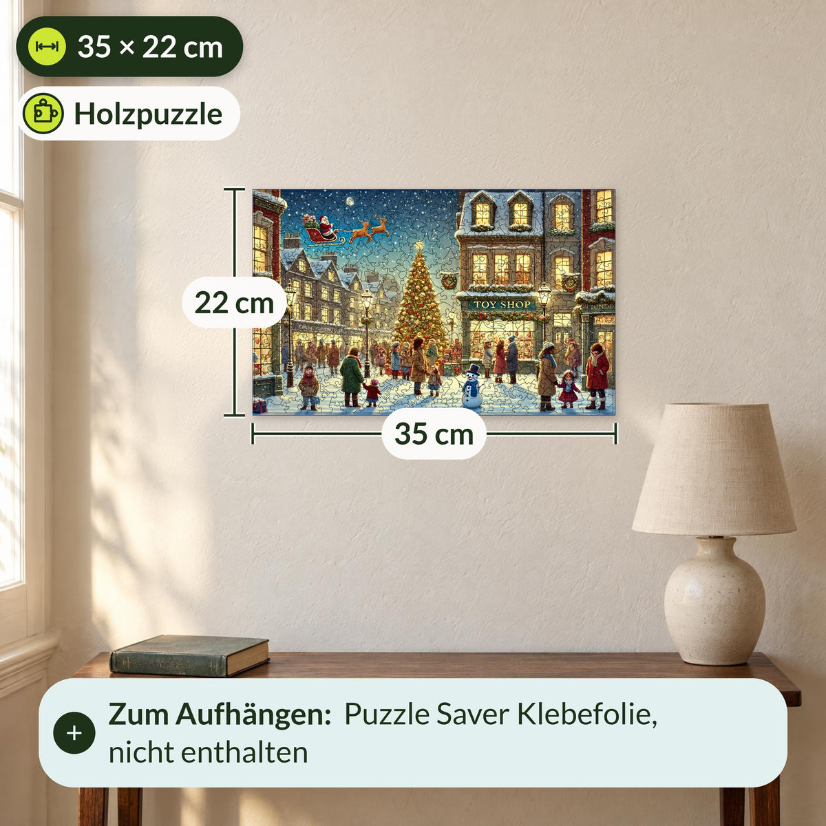 Puzzle en bois « Magie de Noël », 35 x 22 cm, accroché au mur au-dessus d'une petite console, avec des lignes de repère
