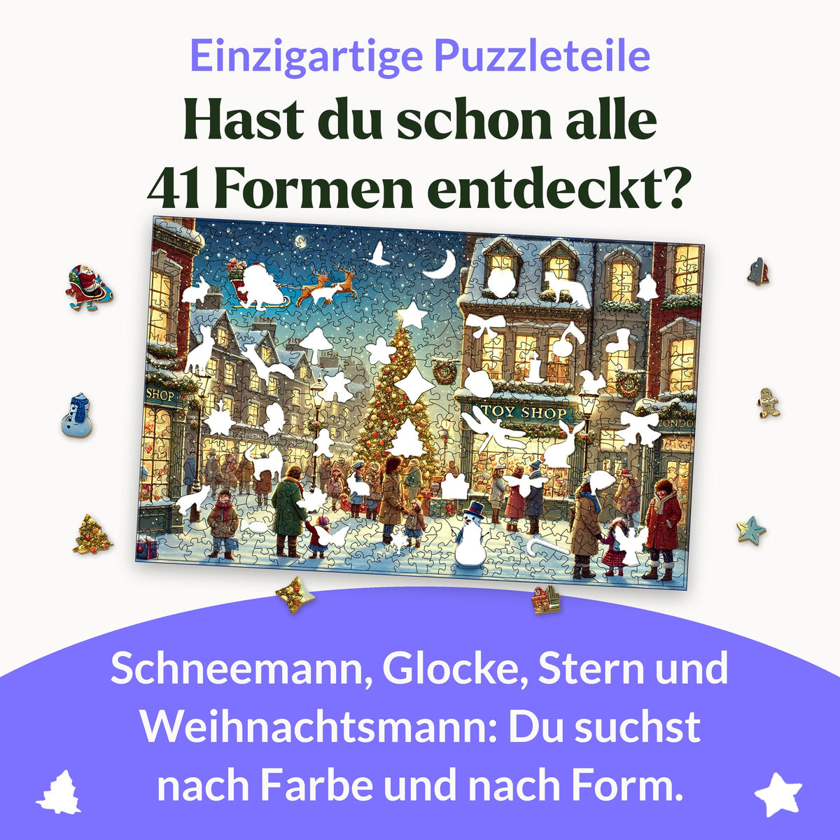 Magie de Noël : puzzle en bois, 41 pièces représentant notamment le Père Noël dans son traîneau, un bonhomme de neige, une cloche et une étoile