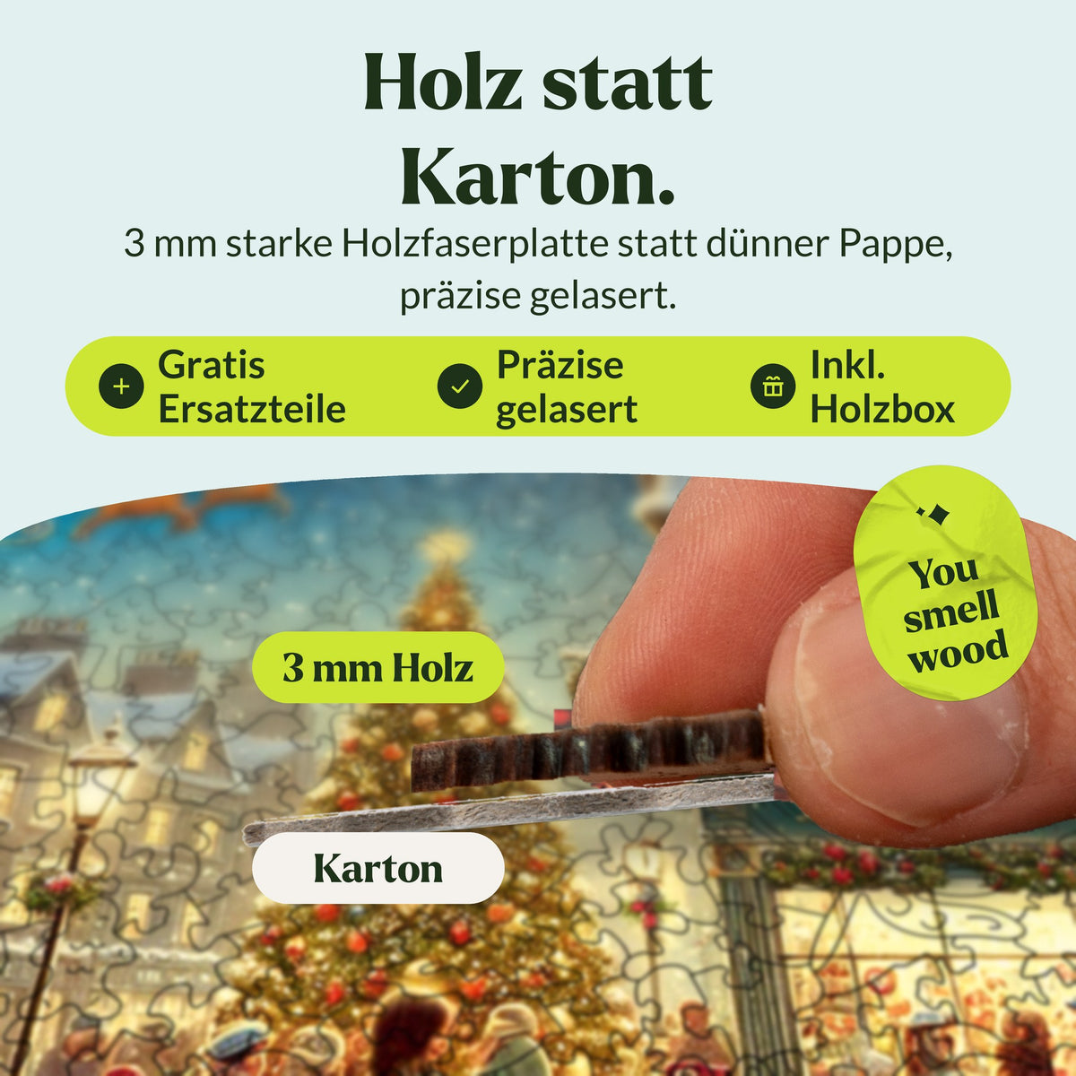 Des créations de Noël pleines de charme : puzzle en bois, du bois à la place du carton : une pièce en bois de 3 mm d'épaisseur profilée, posée sur une fine pièce en carton