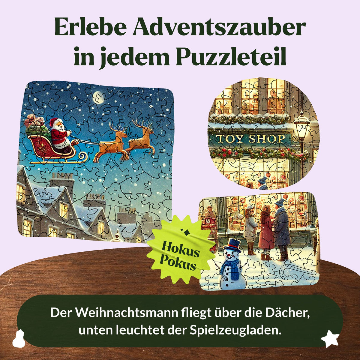 Magasins de Noël enchanteurs : puzzle en bois, détails du motif avec le Père Noël dans son traîneau, un magasin de jouets et un bonhomme de neige