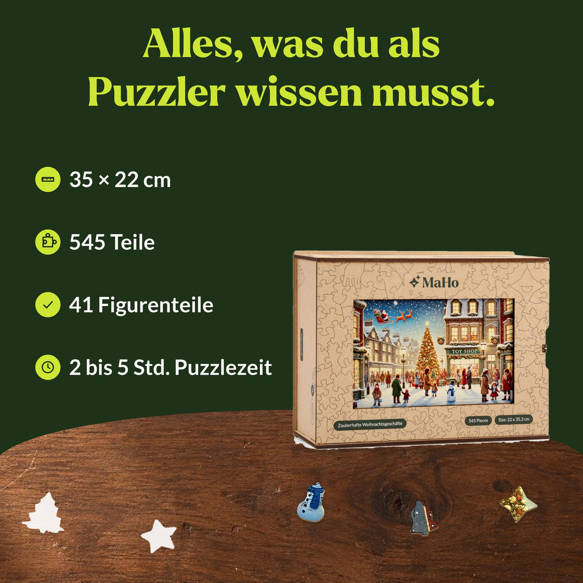 Magasins de Noël enchanteurs – Puzzle en bois, 35 x 22 cm, 545 pièces, 41 pièces représentant des personnages, 2 à 5 heures de montage, avec boîte en bois