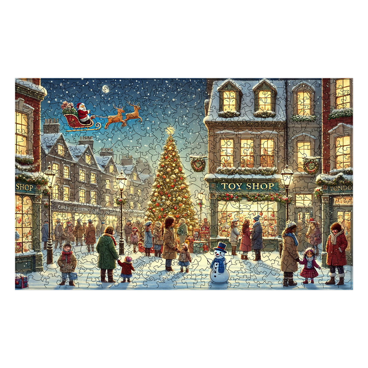 Magasins de Noël enchanteurs : puzzle en bois, puzzle terminé en gros plan sur fond blanc