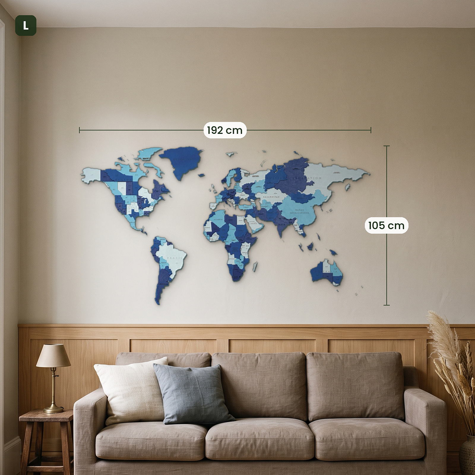 Multicolored Wooden World Map Wall Decoration by Eco-Wood-Art, "Blue Fantasy" L (192x105 cm)