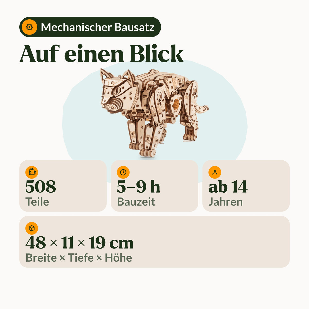 Mechanische katten – natuurkleurig of zwart, in één oogopslag: 508 onderdelen, 5–9 uur bouwtijd, vanaf 14 jaar, 48 × 11 × 19 cm