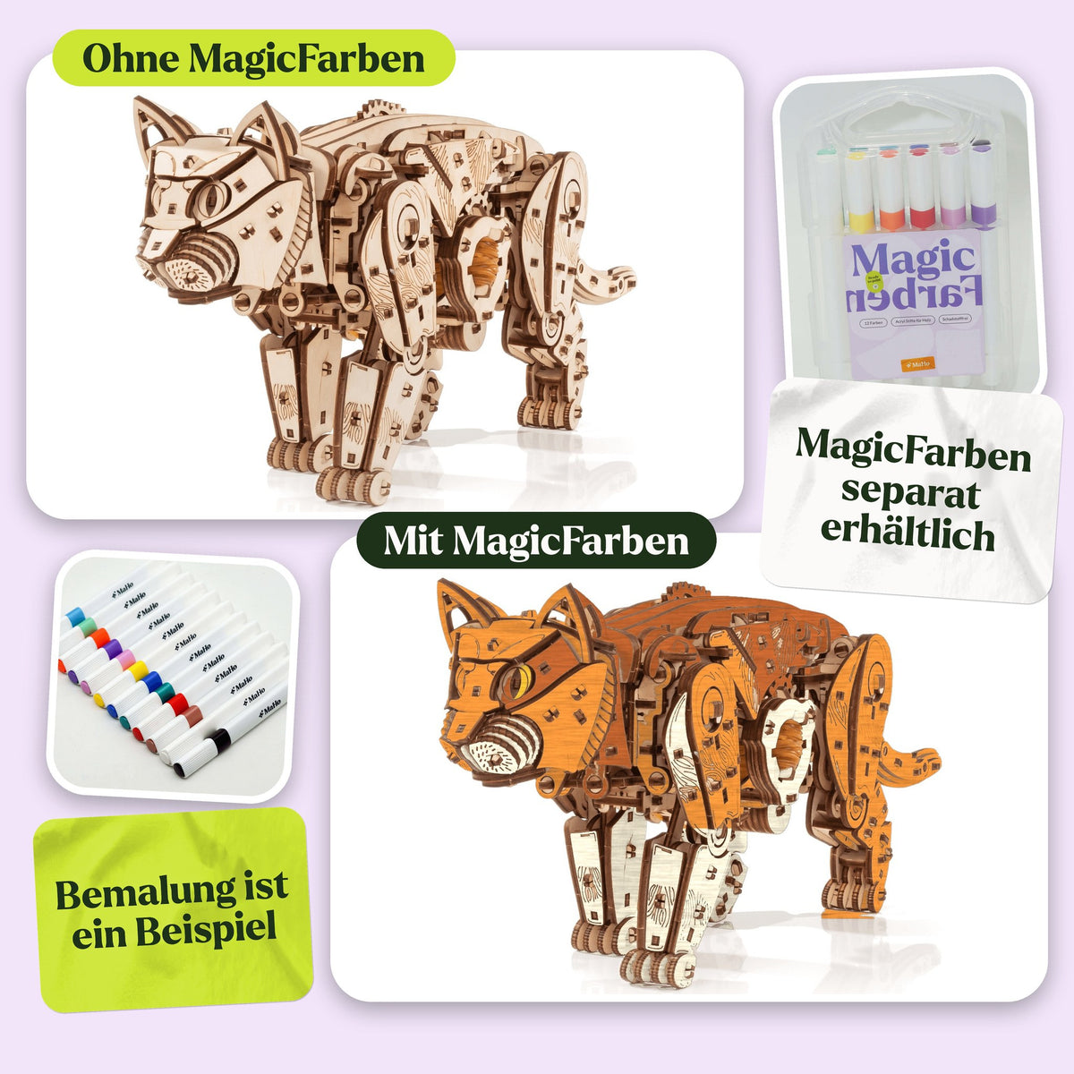 Mechanische katten – naturel of zwart, houten kat onbeschilderd en beschilderd met Magic-verf in de kleuren gember en crème