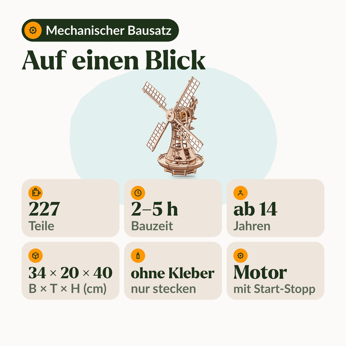 Infographie « Moulin à vent » : 227 pièces, 2 à 5 heures de montage, à partir de 14 ans, 34 × 20 × 40 cm, sans colle, moteur avec fonction marche-arrêt