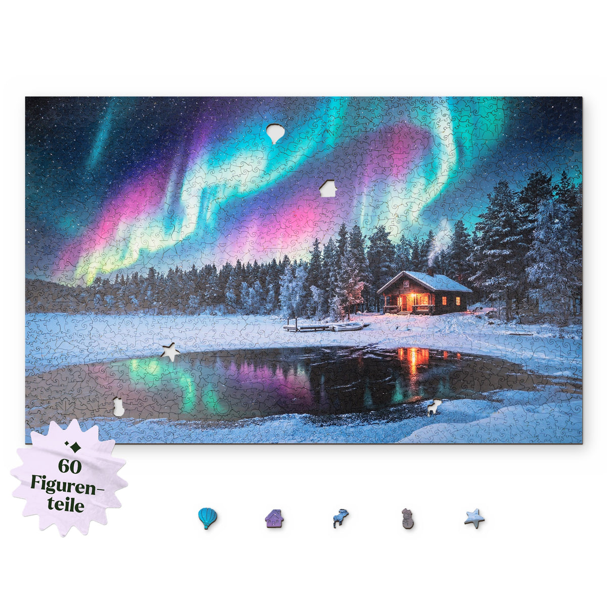 Puzzle en bois « Paysage d'hiver XL », motif vu d'en haut sur fond blanc, avec en dessous des pièces représentant une montgolfière, un élan et un bonhomme de neige