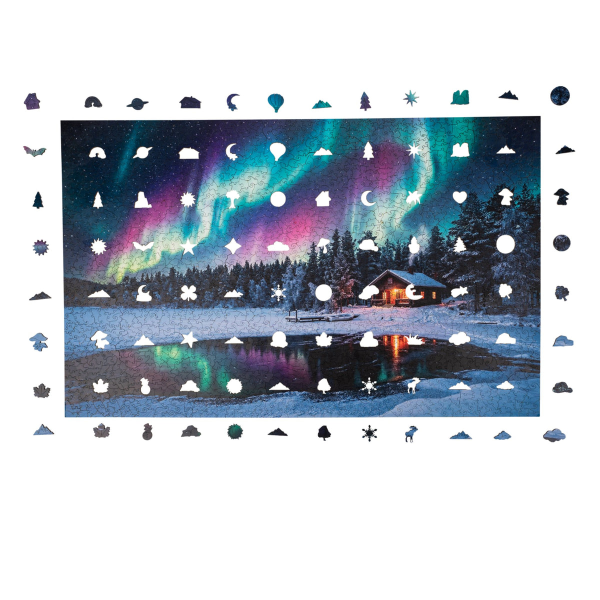Winter Landscape XL Wooden Puzzle, pre-assembled design featuring the Northern Lights above a wooden cabin by the lake, framed by character pieces