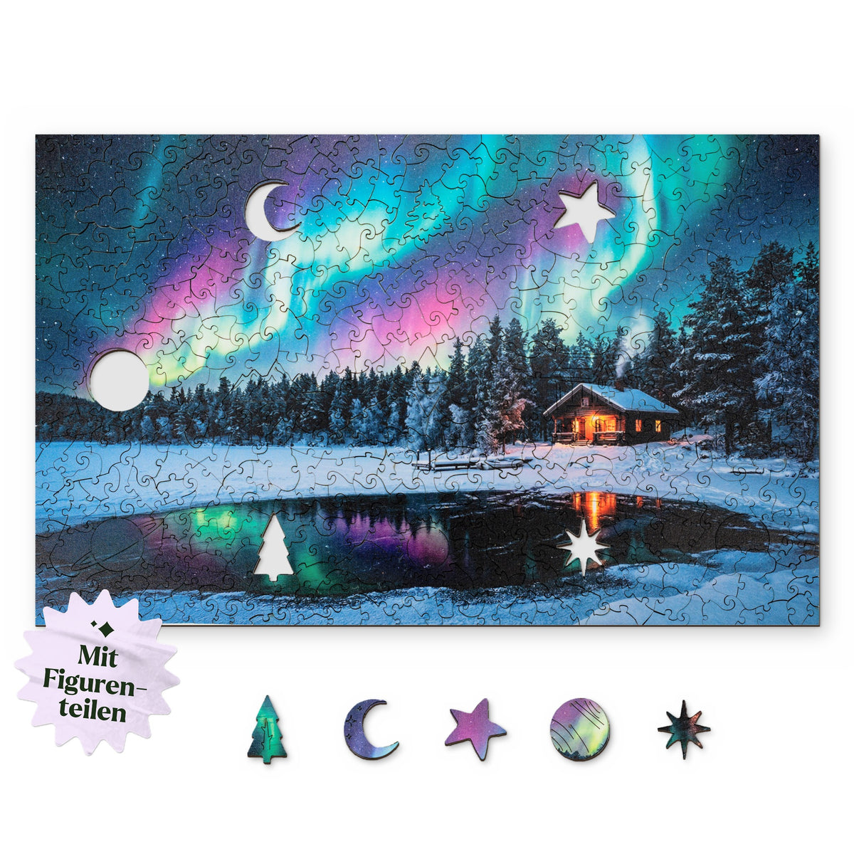 Winter Landscape Wooden Puzzle, top view on a white background, with figures such as a fir tree, moon, and star below
