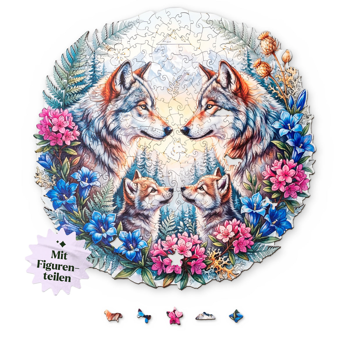 "Wolf Family in Alpine Splendor" Mandala Wooden Puzzle, top view on white, with figure pieces such as a wolf, a butterfly, and an alpine rose blossom below
