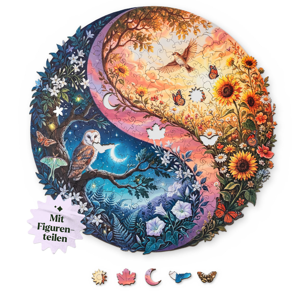 Yin Yang from Day and Night Mandala Wooden Puzzle, with the design shown from above on a white background, and below it, figure pieces such as the sun, a maple leaf, and a crescent moon